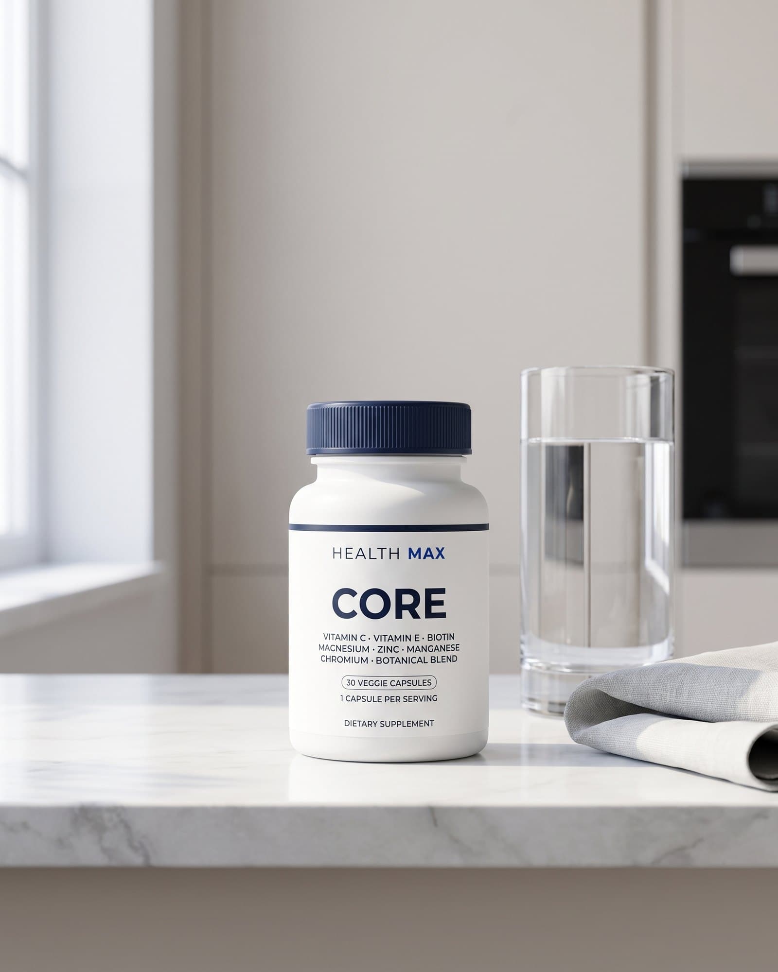 A Health Max Core bottle on a white marble kitchen counter beside a glass of water