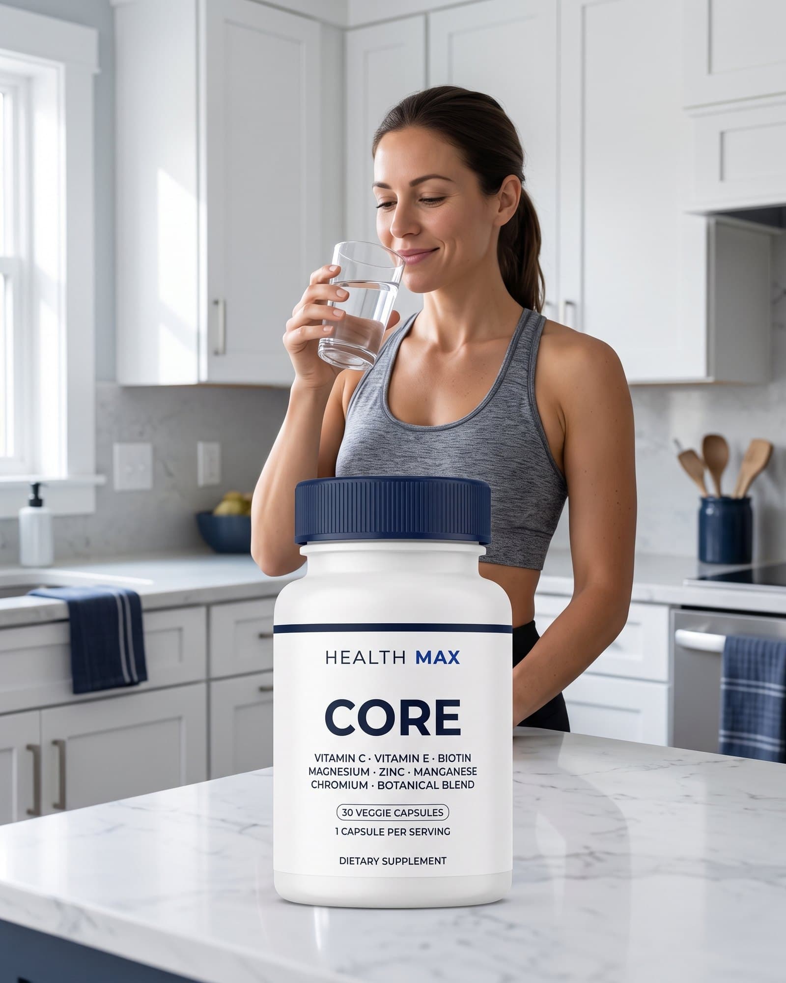 A woman in athletic wear holding a glass of water at a kitchen counter, with a Health Max Core bottle in front of her