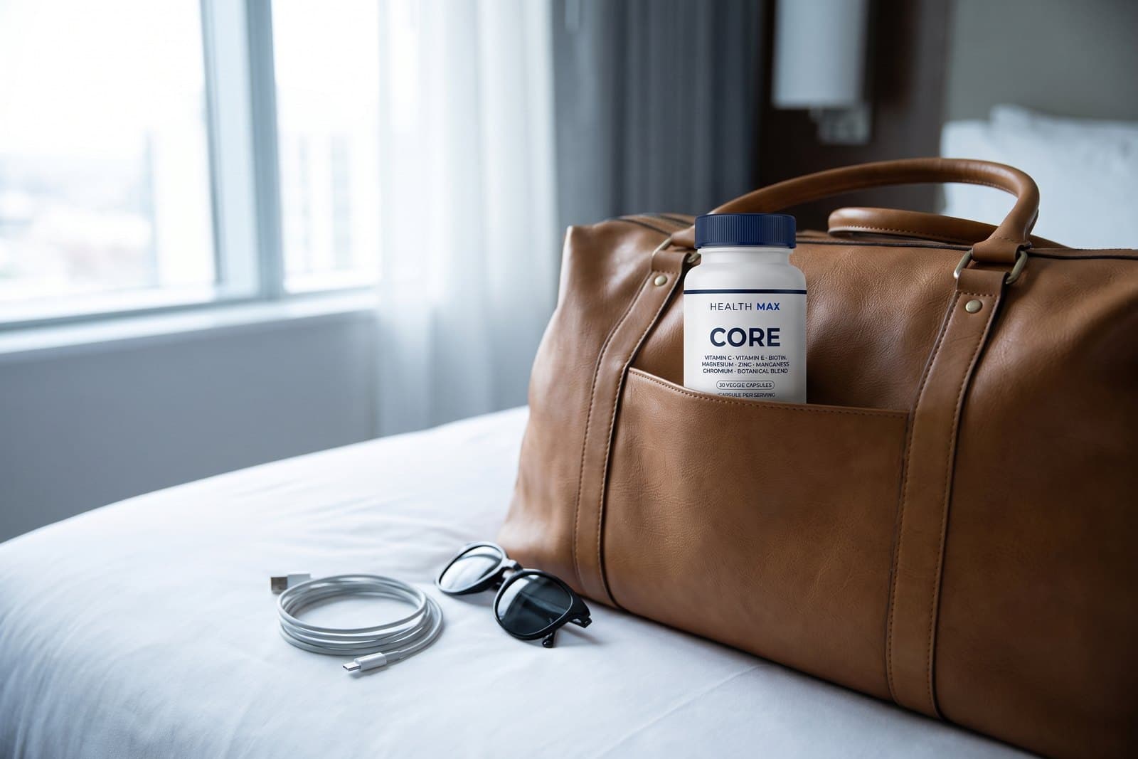 A Health Max Core bottle in the pocket of a tan leather weekender bag